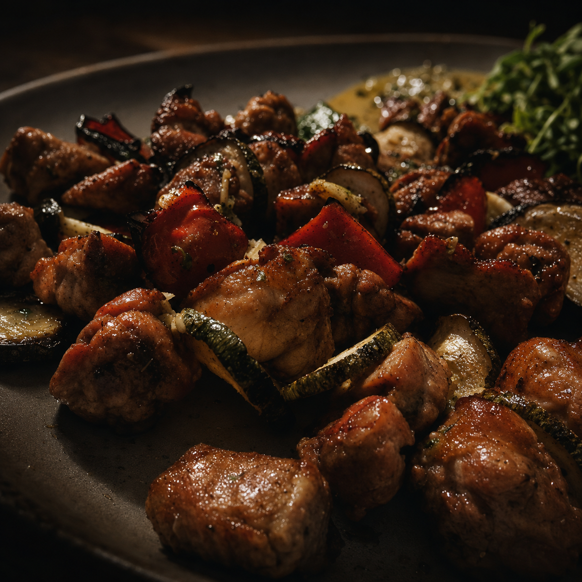 Brochettes de Mollejas y Vegetales