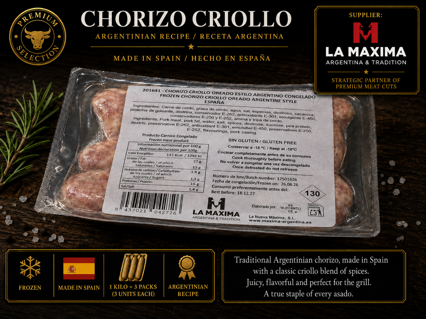 Chorizo criollo Argentino - 1.08 Kg aprox. (9 UNITS)